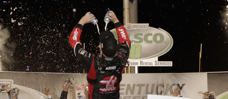 Cole Custer celebrates his Alsco 300 victory Friday at Kentucky Speedway